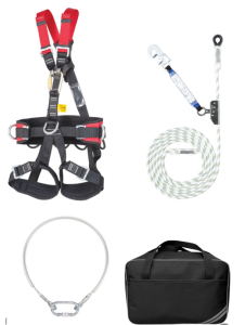 Zestaw do pracy na dachu stromym Protekt (szelka, zaczep linkowy, urządzenie samozaciskowe z liną 10m)